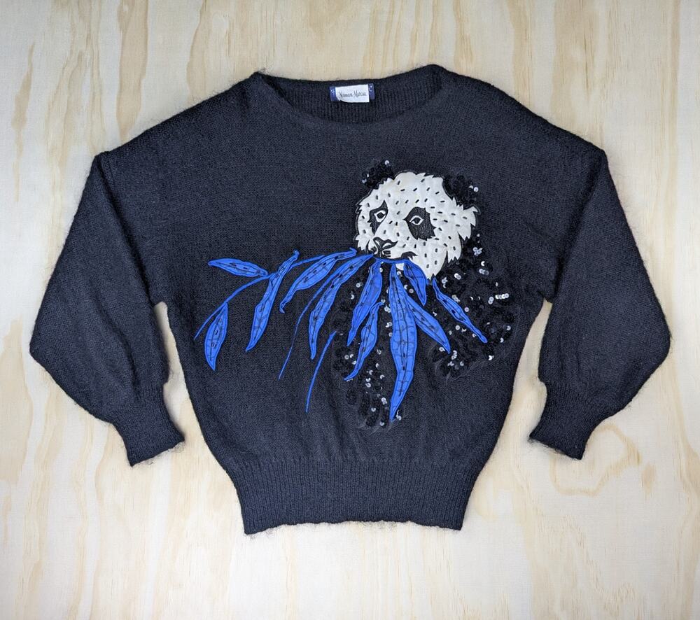 Escada Women's 36 Small Vtg 80s Mohair Sweater Panda Sequin Beaded West Germany